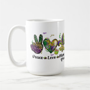 PEACE KÄRLEK MARDI GRAS LILA GULD GRÖNT KAFFEMUGG