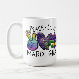 PEACE KÄRLEK MARDI GRAS LILA GULD GRÖNT KAFFEMUGG