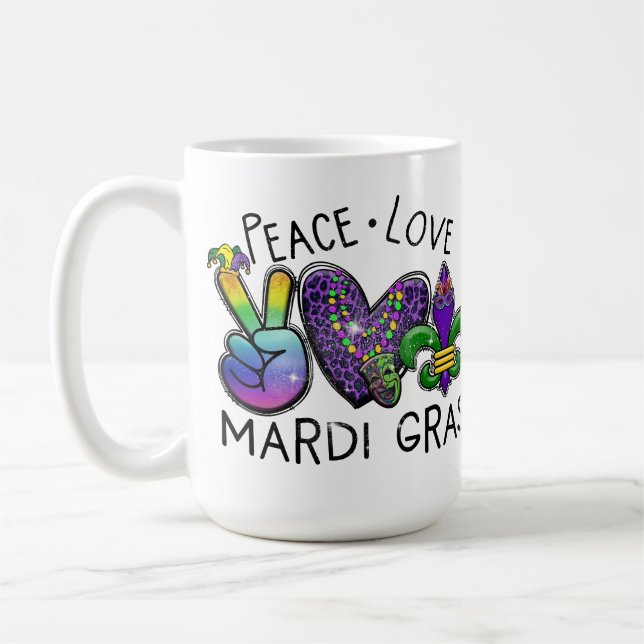 PEACE KÄRLEK MARDI GRAS LILA GULD GRÖNT KAFFEMUGG (Vänster)