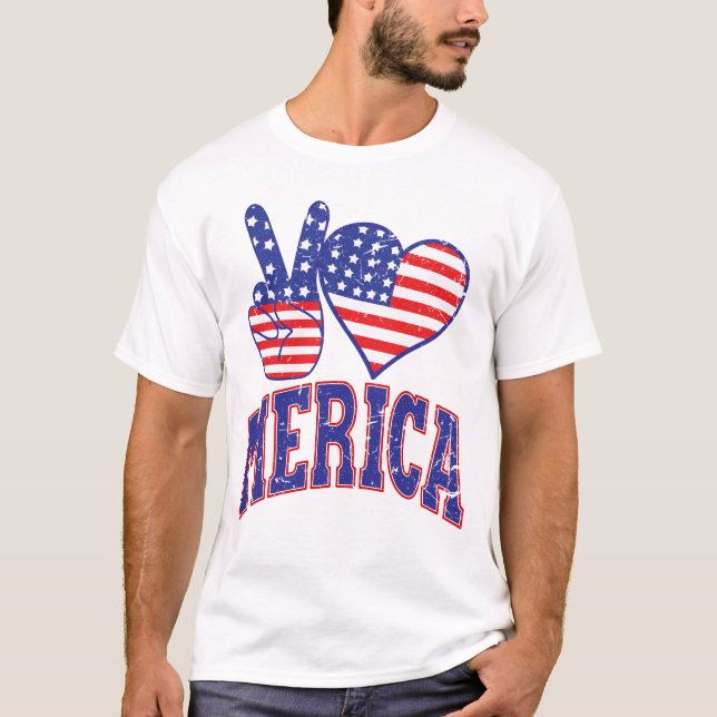 Peace Kärlek Merica i Kärlek Amerika 4 juli T Shirt (Framsida)