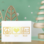 Peace Kärlek Music Bevackra Musician Guld Folierat Kort<br><div class="desc">Det här vackra julkortet för musiker har ett fredstecken,  ett hjärta och den tredubbla klappen på en musik  på folie från elegant guld. Anpassa insidan till dina musikaliska vänner. Underbara kort för en kör- eller bandchef,  choralsångare eller andra musikaliska personer i helgdag.</div>