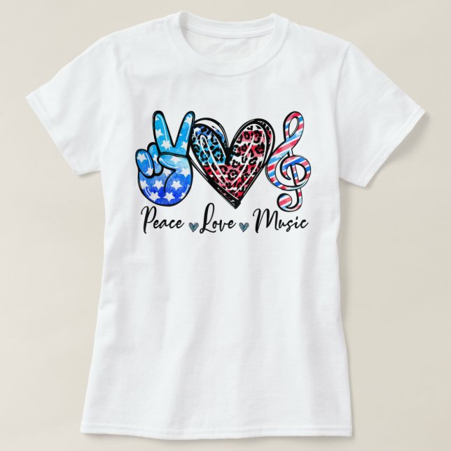 Peace Kärlek Music US Flagga 4:e juli Musiklärare T Shirt (Design framsida)