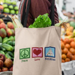 Peace Kärlek Nutrition Tygkasse<br><div class="desc">Peace Kärlek Nutrition. En söt näringsgåva till en dietist eller dietist som arbetar med hälsa och kost med hjälp av livsmedelspyramiden.</div>