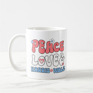 Peace Kärlek och Harris Walz Retro Hippie Stil Kaffemugg