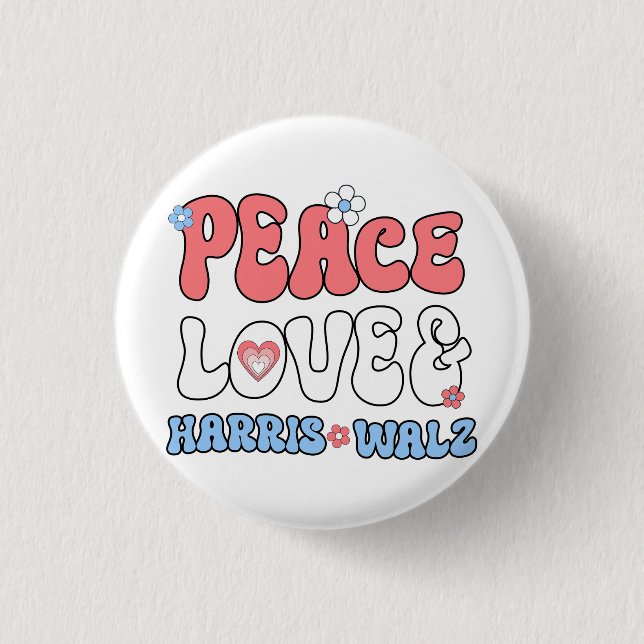 Peace Kärlek och Harris Walz Retro Hippie Stil Knapp (Framsida)