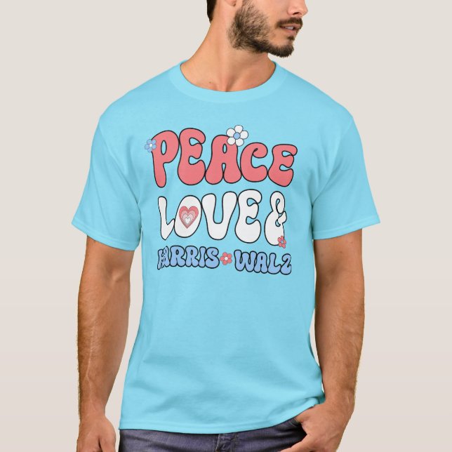 Peace Kärlek och Harris Walz Retro Hippie Stil T Shirt (Framsida)