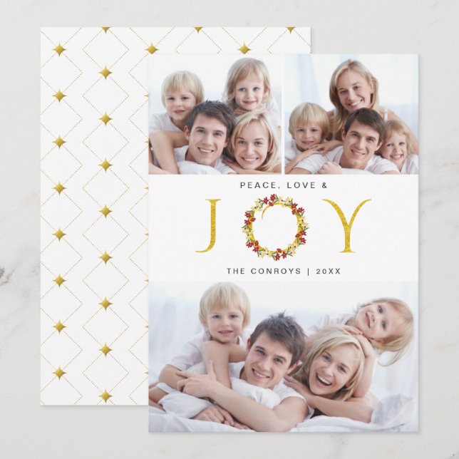 Peace Kärlek och Joy 3-Photo Faux Foil-Helgdag Car Julkort (Fram/baksida)