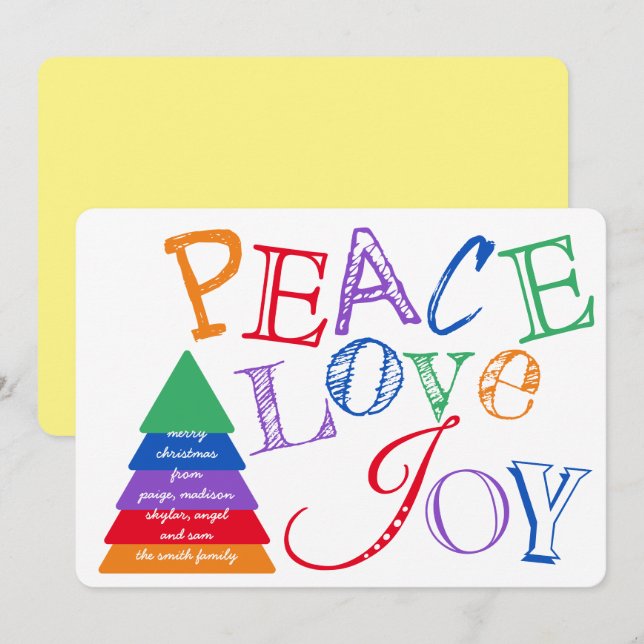 Peace Kärlek och Joy Rainbow Färg Typografi Julkort (Fram/baksida)