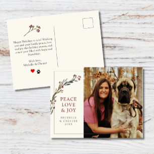 Peace Kärlek och Joy Red Greenery Pet Photo Vykort