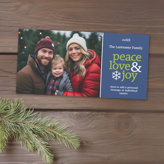 Peace Kärlek och Joy - vågräts fotoblå grönt Julkort (Add 1 photo to this classic photo card that can be printed or sent out to friends and family.)