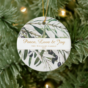 Peace Kärlek och Joy Vintage Olive Gren Julgransprydnad Keramik