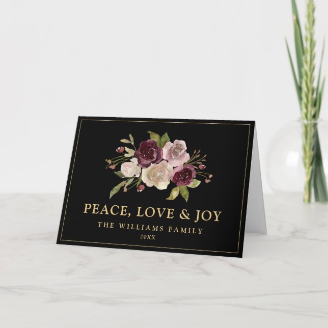 Peace Kärlek och Joy Winter Bouquet Black Folded Helgkort (Framsida)