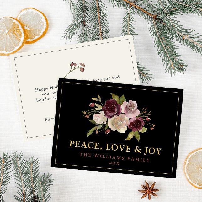 Peace Kärlek och Joy Winter Bouquet Black Julkort (Skapare uppladdad)