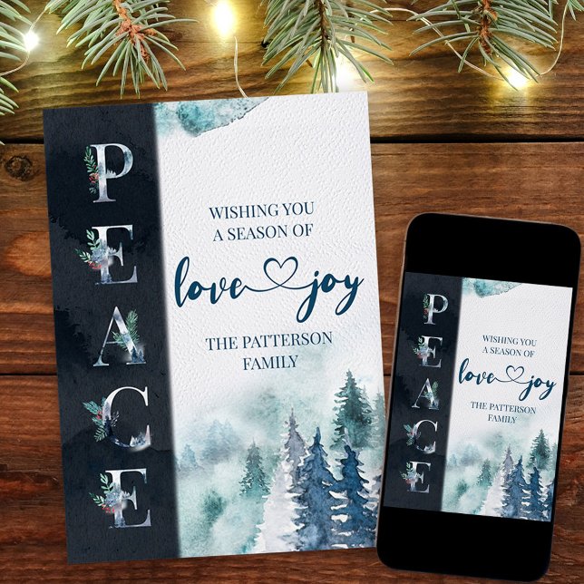 Peace Kärlek och Joy Winter Forest Jul Julkort (Peace love & Joy Christmas Card. Buy professionally printed or as a printable digital download.)
