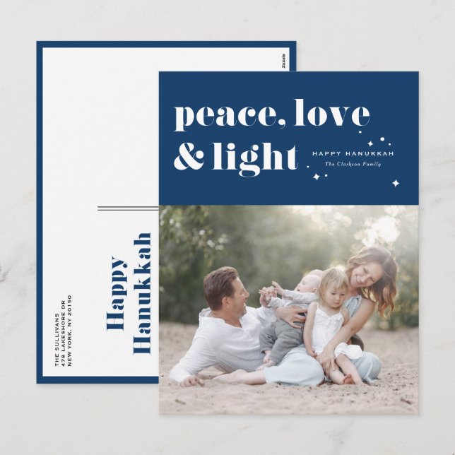 Peace Kärlek och Light Navy Blue Hanukkah Photo Helg Vykort (Fram/baksida)