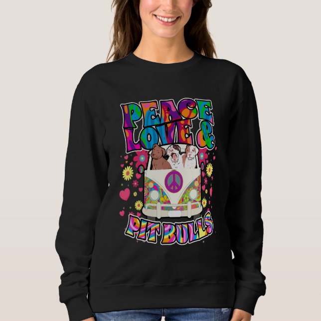 Peace Kärlek och Pit Bulls Hippie Beatnik Hund T Shirt (Framsida)