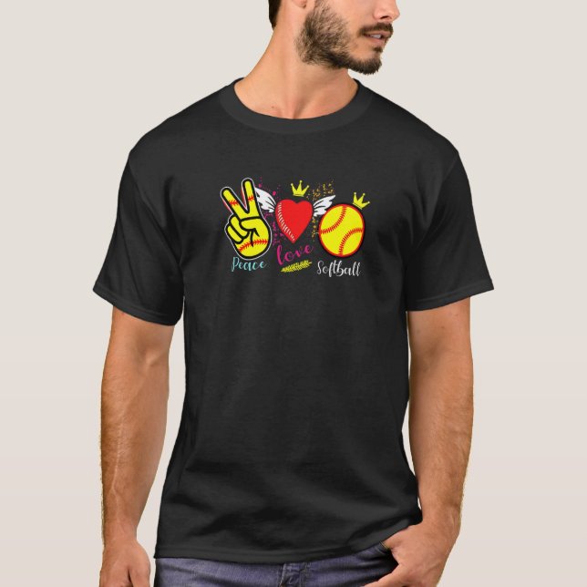 Peace Kärlek och Softball Heart Player Coach T Shirt (Framsida)