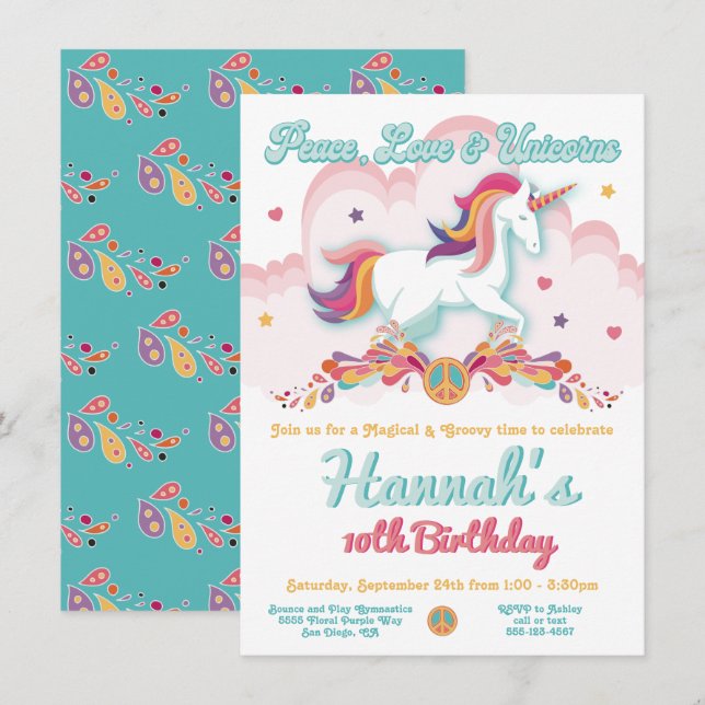 Peace Kärlek och Unicorns Hippie Födelsedagsfest Inbjudningar (Fram/baksida)
