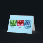 Peace Kärlek OT-arbetsterapi Helgkort<br><div class="desc">En söt yrkesterapeutisk julklapp med gröntens fredstecken,  rött hjärta och OT skriven i blått på blå bakgrund. Yrkesbehandling är en så viktig sysselsättning. Det hjälper både vuxnor och barn med sensorisk behandling.</div>