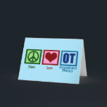 Peace Kärlek OT-arbetsterapi Helgkort<br><div class="desc">En söt yrkesterapeutisk julklapp med gröntens fredstecken,  rött hjärta och OT skriven i blått på blå bakgrund. Yrkesbehandling är en så viktig sysselsättning. Det hjälper både vuxnor och barn med sensorisk behandling.</div>