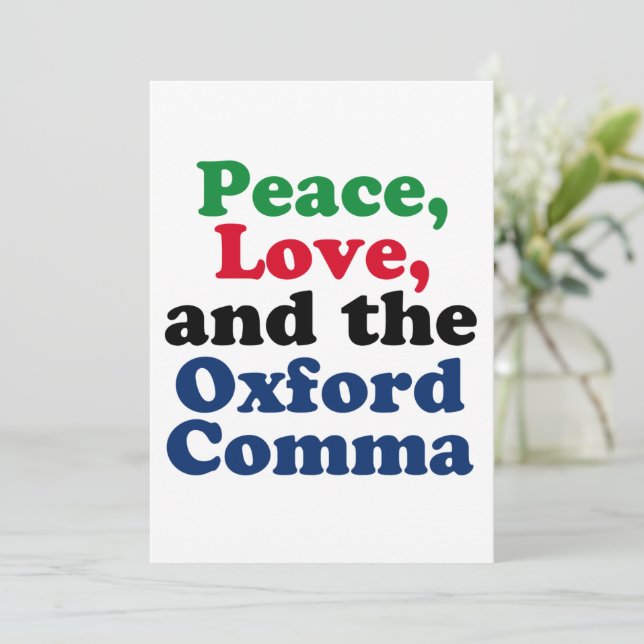 Peace Kärlek Oxford Comma English Grammar Humor Kort (Stående Fram)