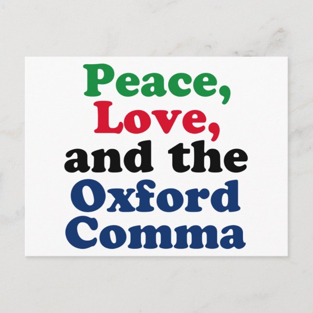 Peace Kärlek Oxford Comma English Grammar Humor Vykort (Framsida)