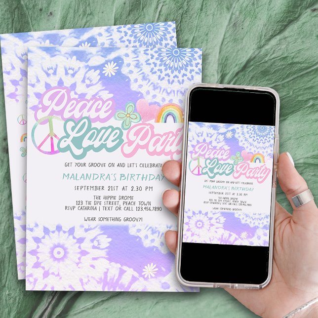 Peace Kärlek Party Groovy Pastel Tie Dye Birthday Inbjudningar (Peace Love Party invitation with groovy tie dye mandalas and flower power icons)