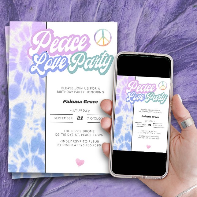 Peace Kärlek Party Pastel Tie Dye any age Birge da Inbjudningar (Peace Love Party Birthday Invitation for anyone of any age with vintage retro tie dye style)