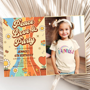 Peace Kärlek Party Retro Rainbow 6e Birthday Photo Inbjudningar