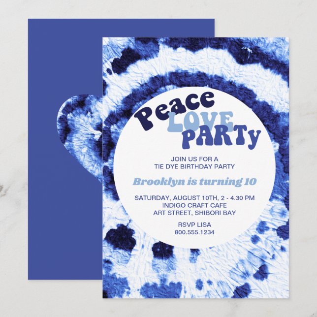 Peace Kärlek Party Shibori Blue Tie Dye Birthday Inbjudningar (Fram/baksida)
