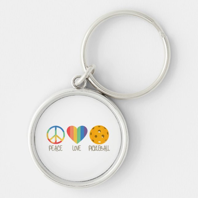 Peace Kärlek Pickleball Rund Silverfärgad Nyckelring (Framsidan)