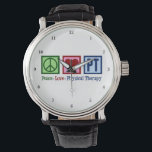 Peace Kärlek PT Cute Physical Therapist Armbandsur<br><div class="desc">Anpassningsbar Peace Kärlek Physical Therapy vaktar din favoritterapeut för rehabilitering. Ett fredstecken,  ett hjärta och brev PT är en underbar gåva till en fysisk terapeut på ditt praktik eller kontor.</div>