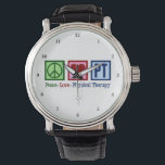 Peace Kärlek PT Cute Physical Therapist Armbandsur<br><div class="desc">Anpassningsbar Peace Kärlek Physical Therapy vaktar din favoritterapeut för rehabilitering. Ett fredstecken,  ett hjärta och brev PT är en underbar gåva till en fysisk terapeut på ditt praktik eller kontor.</div>