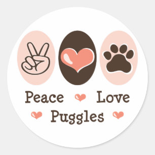 Peace Kärlek Puggles Stickers Runt Klistermärke