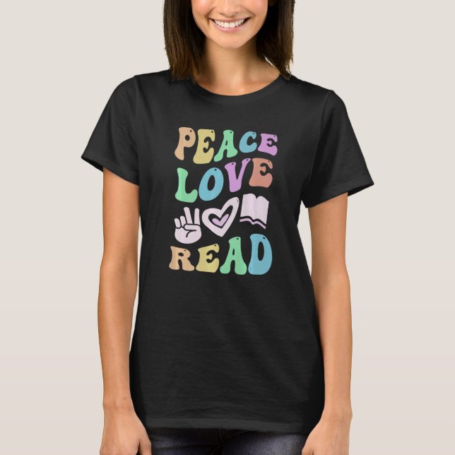 Peace KÄRLEK READ Retro Literacy Teacher Groovy Sc T Shirt (Framsida)
