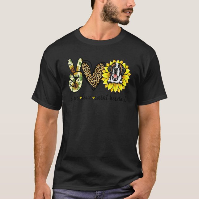 Peace Kärlek Saint Bernard Hund Sunblomma T Shirt (Framsida)