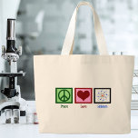 Peace Kärlek Science Jumbo Tygkasse<br><div class="desc">Coola för en vetenskapslärare,  vetenskapsman eller bara en gåva som kärlek lär sig om hur världen fungerar. Den vetenskapliga designen Cute Peace Kärlek med fredstecken,  hjärta och atom.</div>