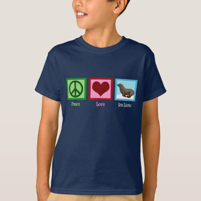 Peace Kärlek Sea Lejon Kids T Shirt (Framsida)