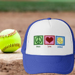 Peace Kärlek Softball Player Keps<br><div class="desc">Peace Kärlek Softball-gåva. Ett fredstecken,  ett hjärta och en mjukboll. En coola för en fotbollsspelare.</div>