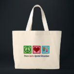 Peace Kärlek Speciell Education Jumbo Tygkasse<br><div class="desc">Speciella lärare i Peace-Kärlek eller julklapp till barn som arbetar med barn som har speciella behov i ett resursrum eller en skola. En söt speciell present med fredstecken,  hjärta och att leka barn.</div>