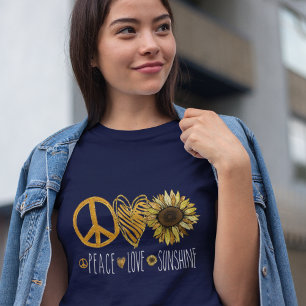 Peace Kärlek Sunshine Guld Glitter Flower T Shirt