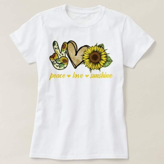 Peace Kärlek Sunshine Guld Heart Solros T Shirt (Design framsida)