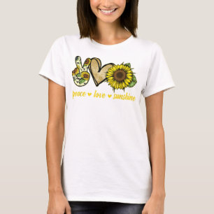 Peace Kärlek Sunshine Guld Heart Solros T Shirt