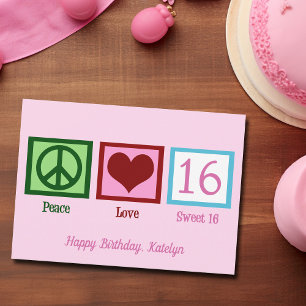 Peace Kärlek Sweet 16 Söt Rosa 16:e födelsedagen Kort