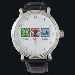 Peace Kärlek Swimming Cute Simma Team Armbandsur<br><div class="desc">Sötklocka i Kärlek. Den här söta julklappen har ett fredstecken,  ett hjärta och en simmare på en simma. Coola simma team med turistklocka närvarande.</div>