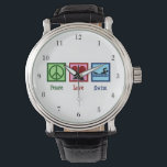 Peace Kärlek Swimming Cute Simma Team Armbandsur<br><div class="desc">Sötklocka i Kärlek. Den här söta julklappen har ett fredstecken,  ett hjärta och en simmare på en simma. Coola simma team med turistklocka närvarande.</div>
