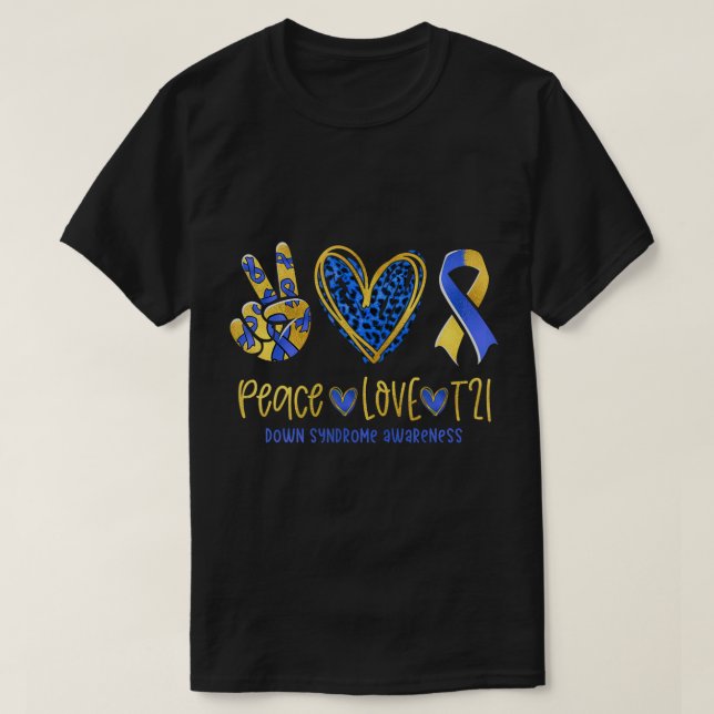 Peace Kärlek T21 Blue Gult Ribbon Down Syndrome Aw T Shirt (Design framsida)