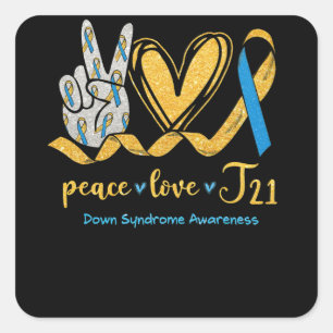 Peace Kärlek T21 Blue Gult Ribbon Down Syndrome Fyrkantigt Klistermärke