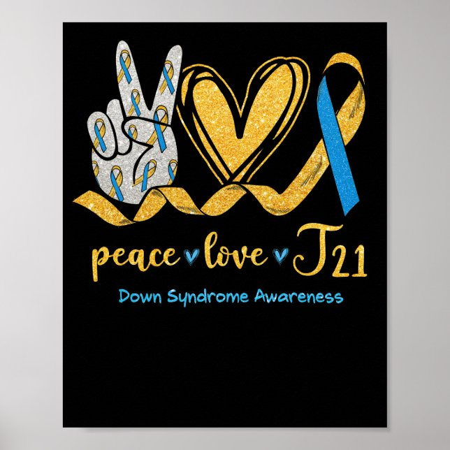 Peace Kärlek T21 Blue Gult Ribbon Down Syndrome Poster (Framsidan)