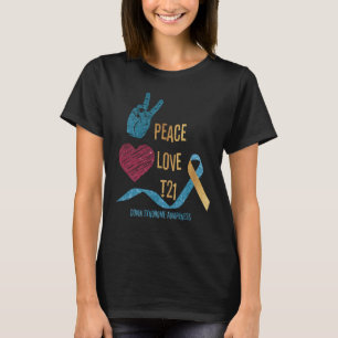 Peace Kärlek T21 Blue Gult Ribbon Down Syndrome T Shirt